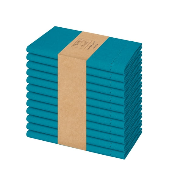 Twiny Threads Set of 12 Hemstitch Reusable Cloth Dinner Napkins - Turquoise Blue
