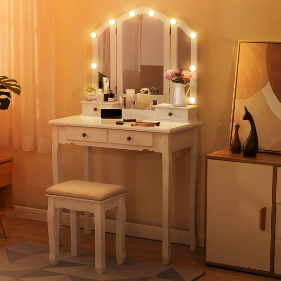 Twira Makeup Vanity, Vanity with Lighted Mirror, Bedroom Vanity with 3 Adjustable Brightness Lights, Vanity Set with Upholstered Stool, Tri-Fold Vanity Table with 4 Drawers, 2 Open Compartments, White