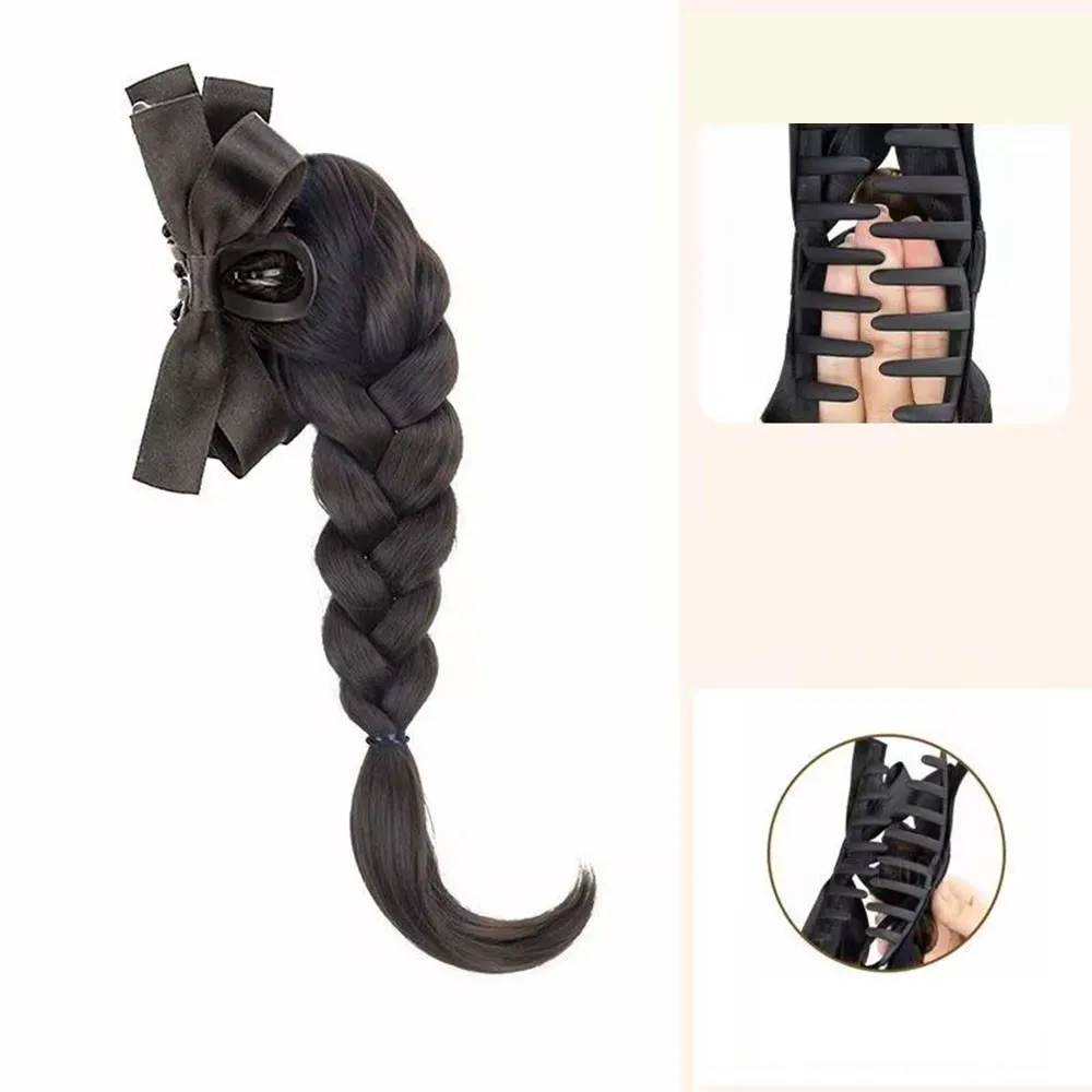 Twist Braid Synthetic Wig Clip Bow High Ponytail Temperament Sweet Natural Simulation Back Head Braid Hair Clip Wig Bag