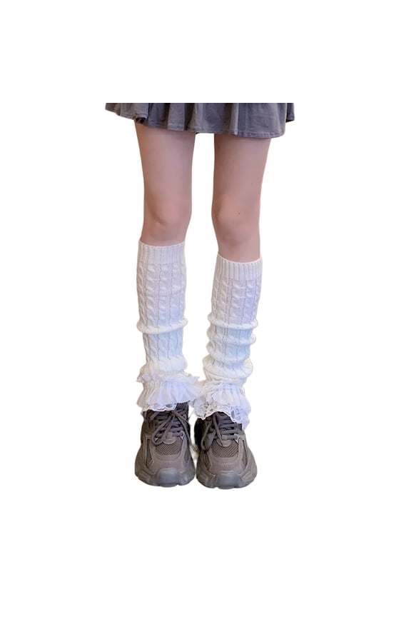 Twist Cable Knit Leg Warmers Long Socks for Women Cute Bowknot Tiered Ruffled Lace Hem Boot Cuffs Leg Covers Stockings