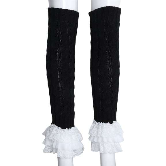 Twist Cable Knitted Leg Warmers with Cute Bowknot Women Sweet Tiered Ruffled Lace Hem Leg Cover Boot Cuffs Calf Socks