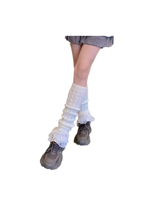 Twist Cable Knitted Leg Warmers with Cute Bowknot Women Sweet Tiered Ruffled Lace Hem Leg Cover Boot Cuffs Calf Socks