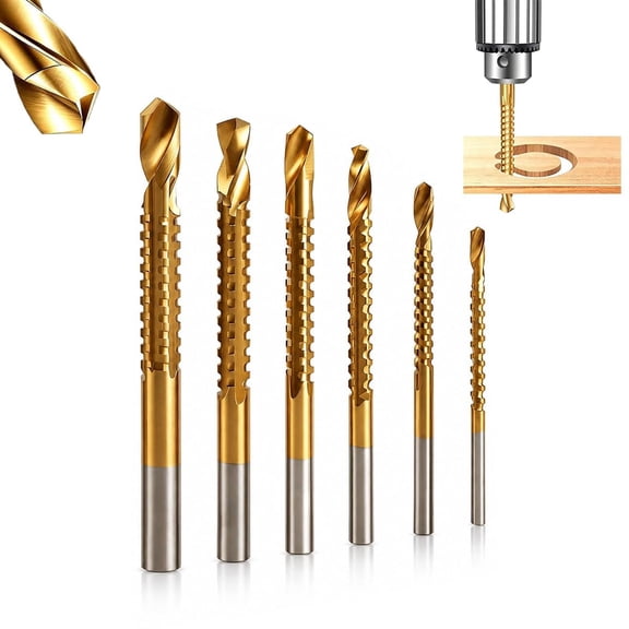 Twist Drill Bit Set,6PCS Multi Material Spiral Side Cutting Titanium Coated Set,High-Speed Steel Sawtooth Bits for Wood Metal Plastic Hole