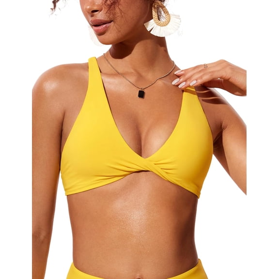 Twist Front Bikini Tops for Women - Padded V Neck Criss Cross Back Triangle Sexy Swim Bathing Suit