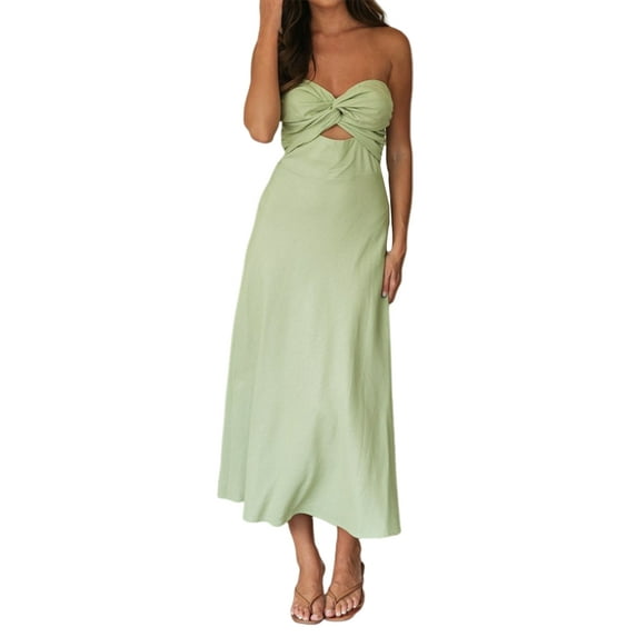 Twist Front Strapless Sweetheart Neckline Midi Dresses for Women Smocked Cutout Tube Linen Dress Wedding Guest Green XL