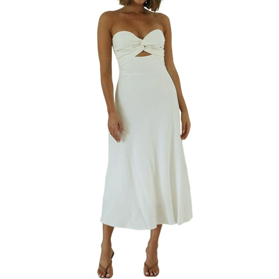Twist Front Strapless Sweetheart Neckline Midi Dresses for Women Smocked Cutout Tube Linen Dress Wedding Guest White L