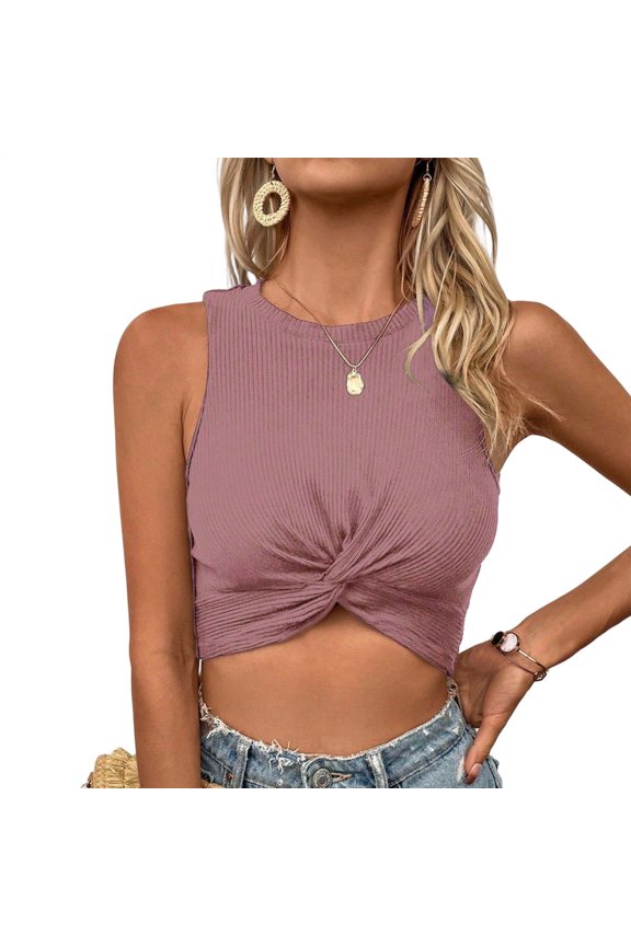 Twist Front Tank Tops for Women Twist Front Crew Neck Sleeveless Shirts Solid Color Tank Tops Daily Wear