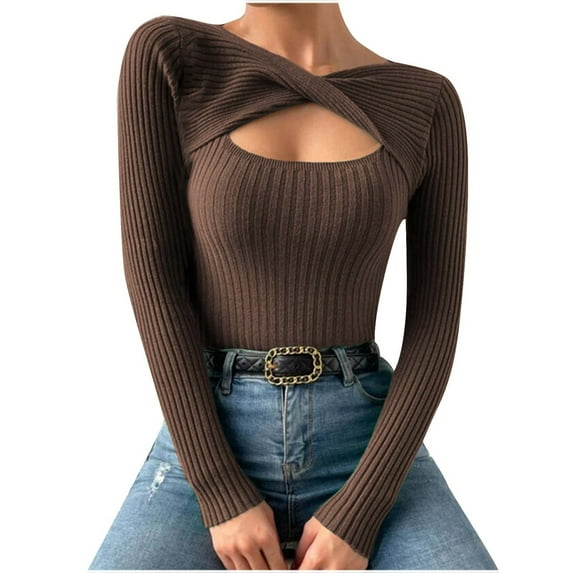 Twist Front Top Womens Sexy Cutout Ribbed Knit Bodycon Blouses Shirt Long Sleeve Dressy Casual Sweater Pullover (L, Coffee)