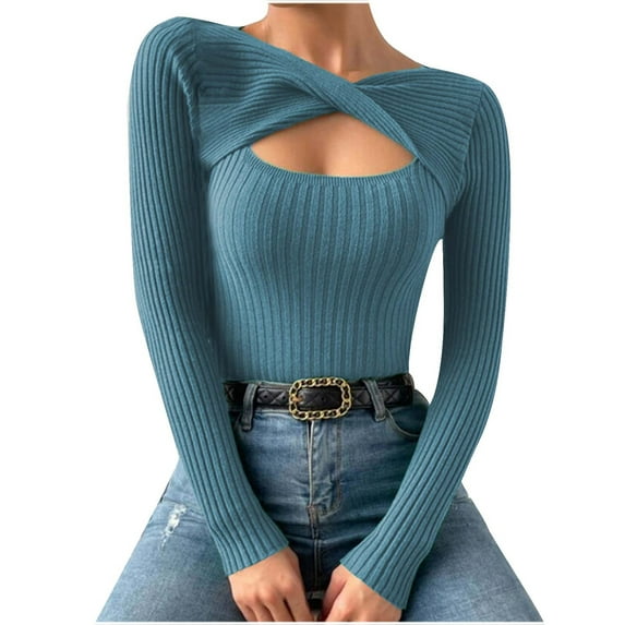 Twist Front Top Womens Sexy Cutout Ribbed Knit Bodycon Blouses Shirt Long Sleeve Dressy Casual Sweater Pullover (S, Blue)