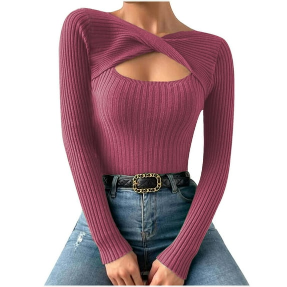 Twist Front Top Womens Sexy Cutout Ribbed Knit Bodycon Blouses Shirt Long Sleeve Dressy Casual Sweater Pullover (XL, Hot Pink)