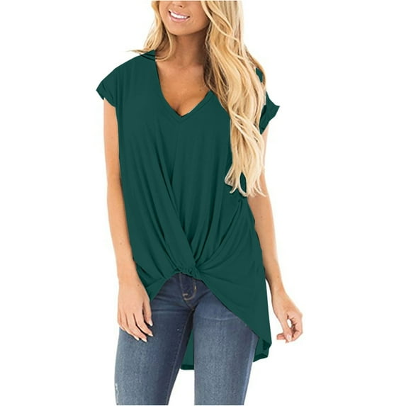 Twist Front Tops for Women, Yigetop 2025 European and American Women's Short Sleeved New Solid Color Large Size V Neck T Shirt Cute Summer Tops for Women Green1 S