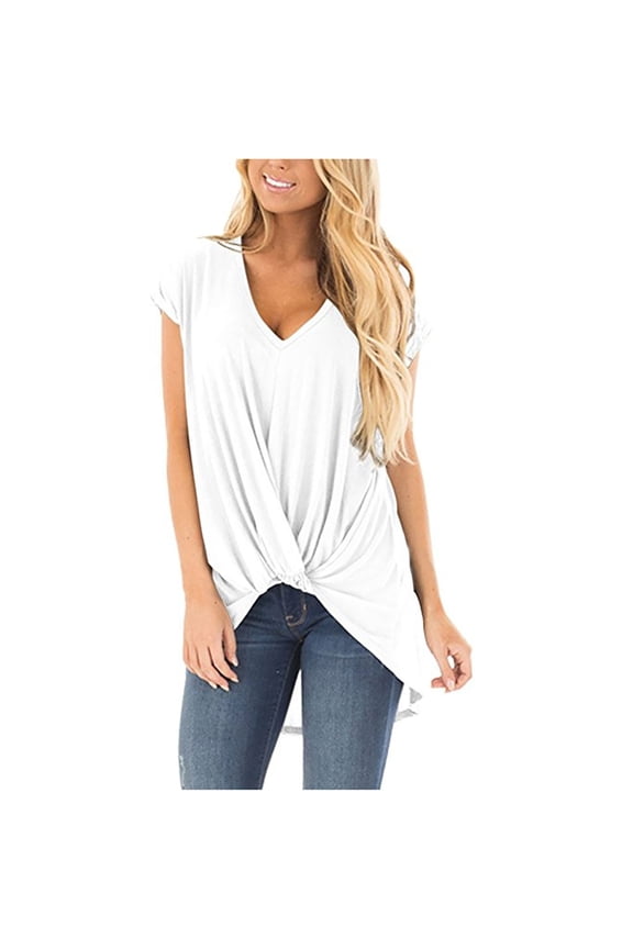 Twist Front Tops for Women, Yigetop 2025 European and American Women's Short Sleeved New Solid Color Large Size V Neck T Shirt Cute Summer Tops for Women White XL