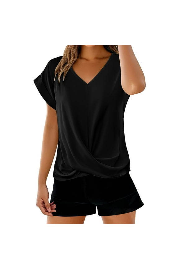 Twist Front Tops for Women, Yigetop Solid Color V Neck T Shirt Elegant Short Sleeved Top for Spring and Summer Women's Clothing Womens Dress Tops Black L