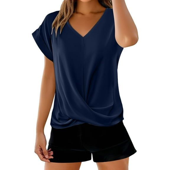 Twist Front Tops for Women, Yigetop Solid Color V Neck T Shirt Elegant Short Sleeved Top for Spring and Summer Women's Clothing Womens Dress Tops Blue L