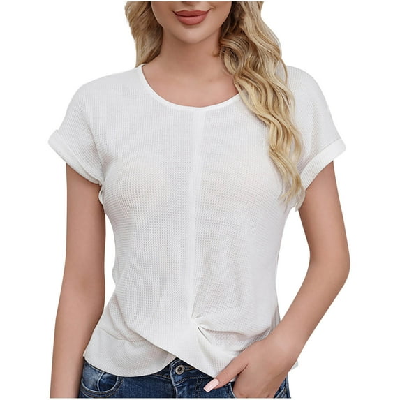 Twist Front Tops for Women Trendy Waffle Knit Round Neck Short Sleeve Dressy Blouses Solid Color Summer Casual Shirt (XL, White)