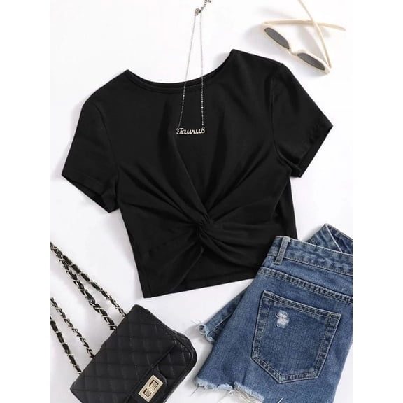 Twist Hem Solid Crop Tee - Black
