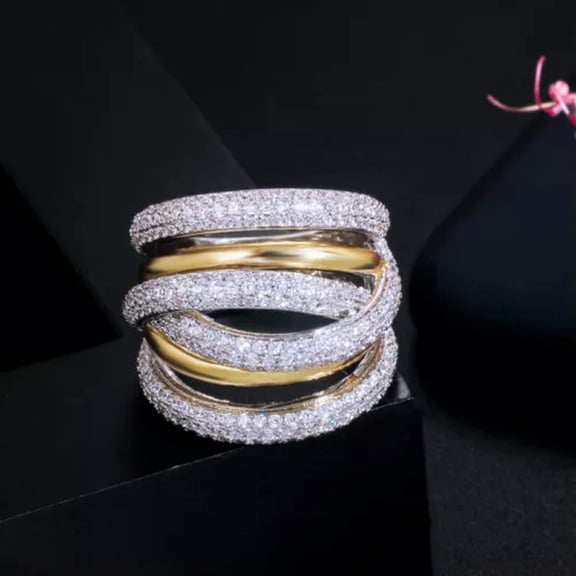 Twist Lines Geometric Cubic Zircon Ring Multi-Tone Gold Plated Fashion Jewellery