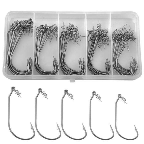 Twist Lock Fishing Hooks with Centering Pin, 55pcs Bass Fishing Worm Hooks Unweighted Swimbait Hooks Kit for Soft Plastic Lures Baits 5 Sizes
