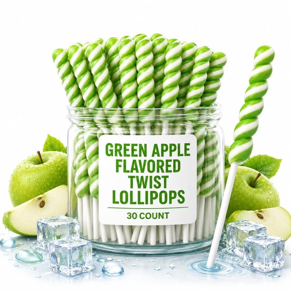 Twist Lollipop Candy Green Apple Flavor Individually Wrapped Pops 30 Bulk Pack Suckers