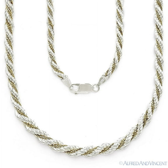 Twist-Rope Ring-Cable & Box Link Chain Necklace in 2-Tone .925 Sterling Silver