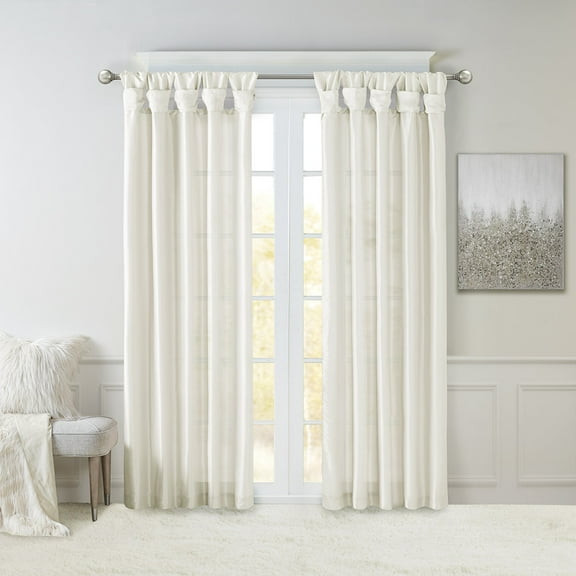 50" X 84" White Lined Curtain Panel - Faux Silk Twist Tab Top Window Drape, Light Filtering