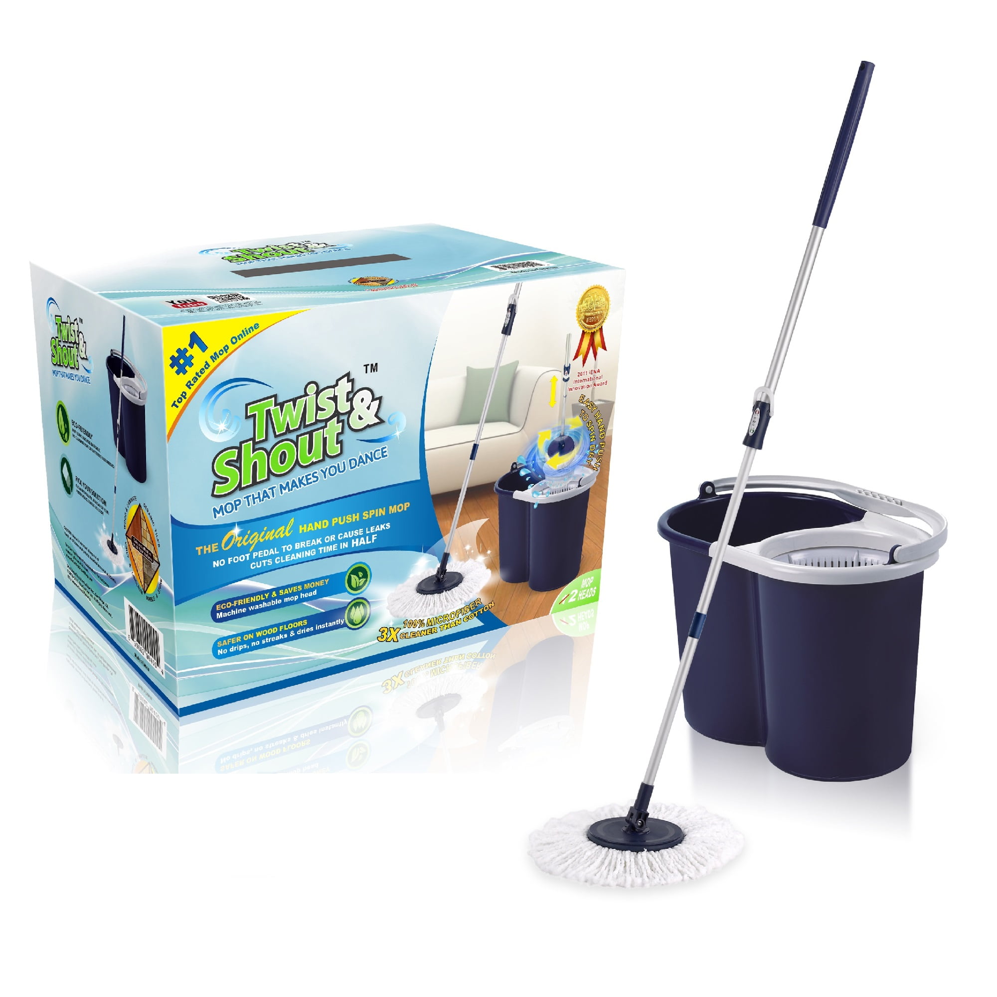 Twist and Shout Mop - Award Winning Hand Push Spin Mop from the Original  Inventor - 2 Microfiber Mop Heads Included 