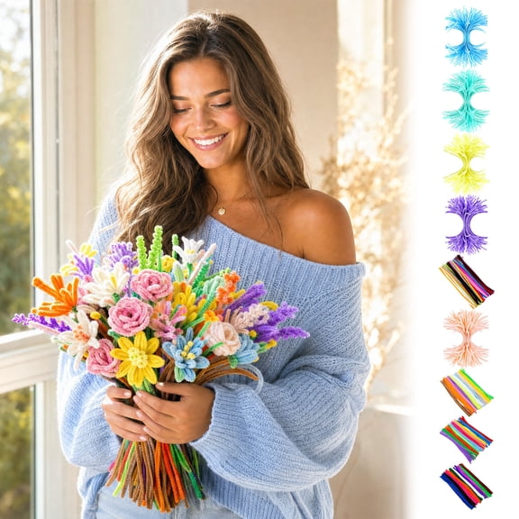 Twistable Floss Sticks, DIY Flower Bouquet Kit, Flexible Polyester Craft Material, Super Dense Fiber with Strong Plasticity for Creative Compositional Styling and Educational Parent-Child Activity