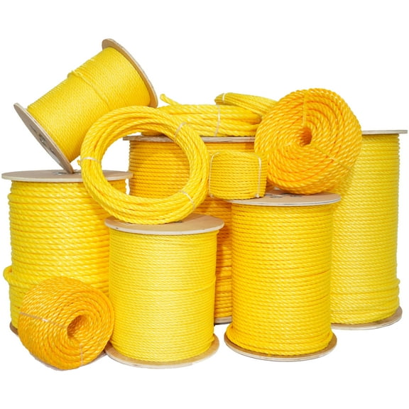 Twisted 3-Strand Yellow Polypropylene Utility Rope - 1/4" x 600 Feet - Lightweight & Heavy Duty for DIY Projects, Marine, Commercial Use, Barrier Rope