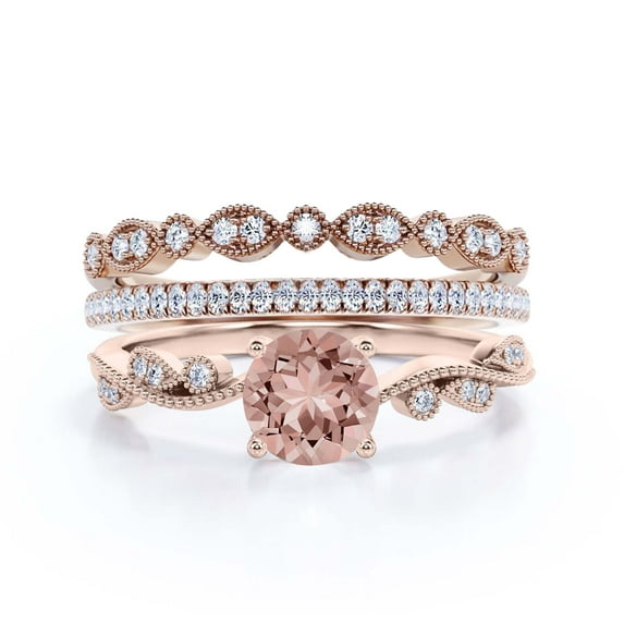 Twisted Boho & Hippie 2.25 Carat Round Cut Morganite And Diamond Moissanite Engagement Ring Wedding Ring In 10K Solid Rose Gold, Gift For Her, Promise Ring, Anniversary Ring, Trio Set, Matching Band