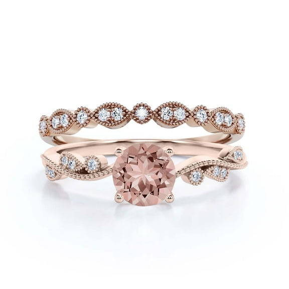 Twisted Boho & hippie 1.75 Carat Round Cut Morganite And Diamond Moissanite Engagement Ring Wedding Ring in 10k Solid Rose Gold, Gift For Her, Promise Ring, Anniversary Ring, Bridal Set, Matching Band