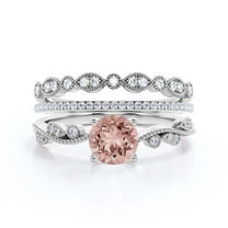 Twisted Boho & hippie 2.25 Carat Round Cut Morganite And Diamond Moissanite Engagement Ring Wedding Ring in 925 Sterling Silver With 18k White Gold Plating Promise Ring, Trio Set, Matching Band