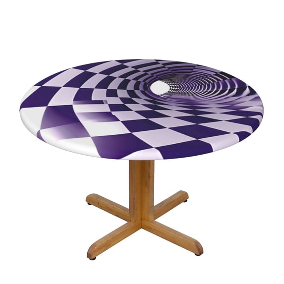 Twisted Checkerboard 3D Illusion Purple Round Fitted Tablecloths Table Covers Wipeable Waterproof Elastic for Kitchen Dinning Parties Wedding Picnic Small Fits 40-44 Inch Table Size