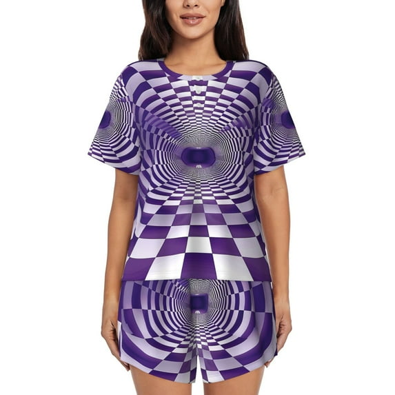 Twisted Checkerboard 3d Illusion Purple Womens Pajamas Short Set Soft Short Sleeve Sleepwear Button Down Pjs Set with Pockets S XXL 3x Large