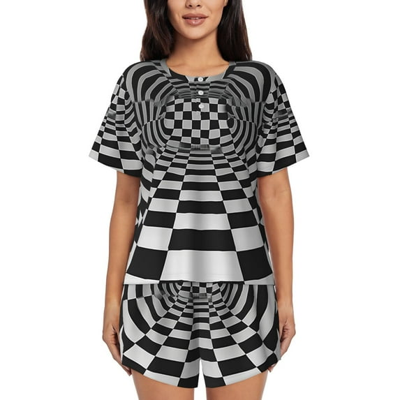 Twisted Checkerboard 3d Illusion Womens Pajamas Short Set Soft Short Sleeve Sleepwear Button Down Pjs Set with Pockets S XXL Large