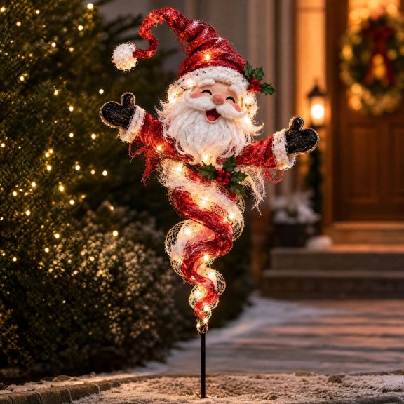 Twisted Christmas Lighted Yard Stakes, Festive Outdoor Holiday Lights for Garden Lawn and Christmas Yard Display (Santa)