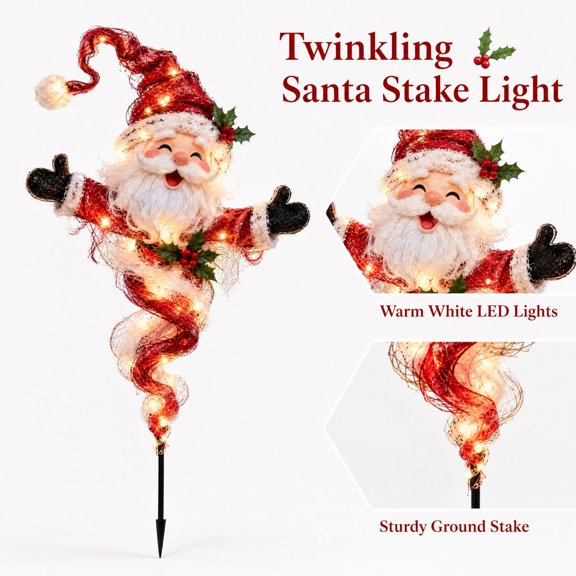 Twisted Christmas Lighted Yard Stakes, Holiday Lighted Garden Stakes for Festive Outdoor Decor and Christmas Cheer (Santa)