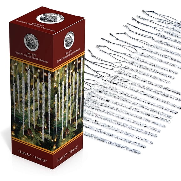Twisted Clear Glass Icicle Christmas Ornamen's For Christmas Trees - Set of 24 Icicles Christmas Tree Decorations - Christmas Tree Ornamen's Perfect For White Or Silver Crystal Winter F