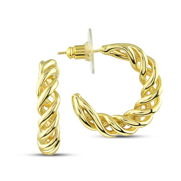 Twisted Half Hoop Earrings, 14K Gold Plated Spiral C-Hoop Earrings 23mm - Large Stud Earrings, Stud Hoops, Elegant Jewelry Gift for Women