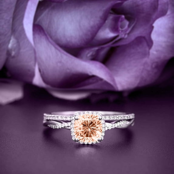 Twisted Infinity Band Dazzling Boho & hippie 1.75 Carat Round Cut Morganite And Diamond Moissanite Engagement Ring, Classic Wedding Ring in 10k Solid White Gold, Gift For Wife, Bridal Rings