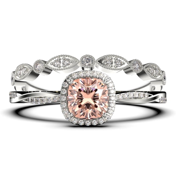 Infinity 1.75 Carat Round Cut Morganite & Moissanite Engagement Ring in 925 Sterling Silver with 18k White Gold Plating