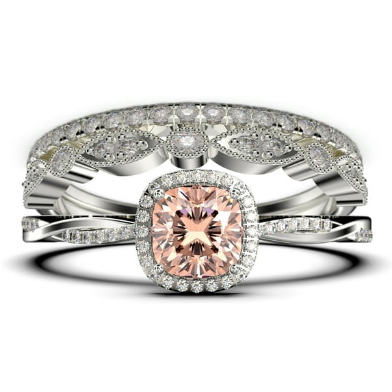 Twisted Infinity Band Dazzling Boho & hippie 2.00 Carat Round Morganite And Diamond Moissanite Engagement Ring, Classic Wedding Ring in 925 Sterling Silver With 18k White Gold Plating, Trio Rings