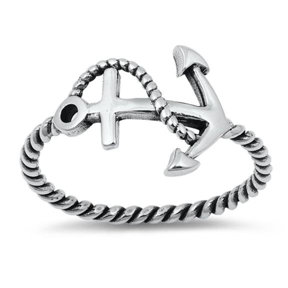 Twisted Rope Anchor Cross Oxidized Ring .925 Sterling Silver Band Jewelry Female Male Unisex Size 4