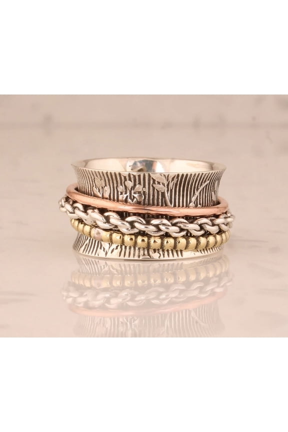 Twisted Rope Chain Band Sterling Silver 925 Anxiety Ring for Men & Women – Handmade Three-Tone Spinner Ring, Stress Relief Ring, Mother's Day Gift Ring Size- 6.75