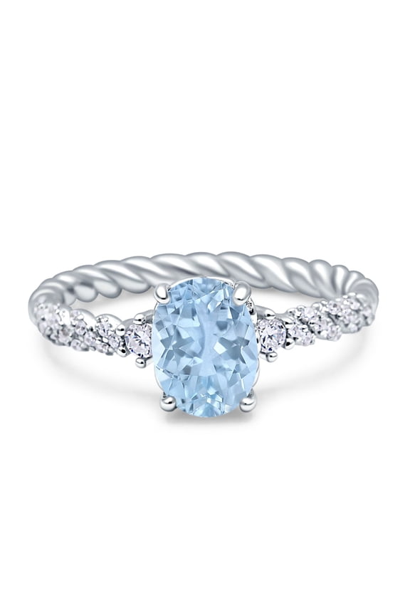 Twisted Rope Hidden Halo Oval Women Engagement Ring Simulated Aquamarine 925 Sterling Silver