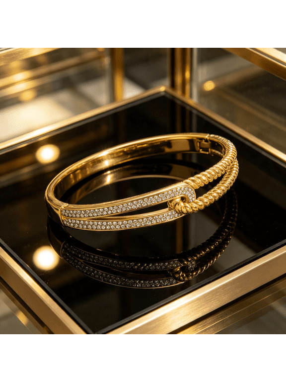 Twisted Rope Link Interlocking Motif Hinged Bangle Bracelet For Women, 14K Gold Filled Sleek Profile Classic Understated Craft Jewelry