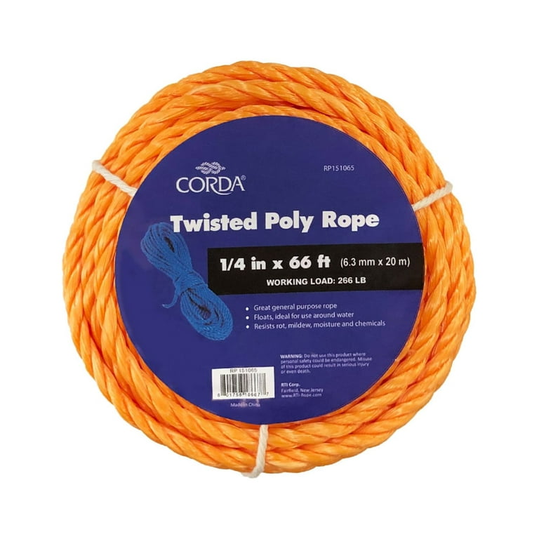 Twisted Rope, Orange, Polypropylene, 1/4 x 66' 