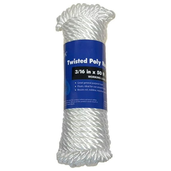 CORDA Twisted Rope, White, Polypropylene, 3/16" x 50'