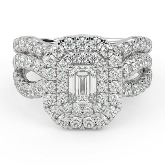 Twisted Shank Double Halo Bridal Set Ring for Women, IGI Certified 2.05ctw Emerald Cut Lab Grown Diamond Engagement Wedding Ring 14K Solid White Gold F-G, VS-SI Quality Ring Size-5.5
