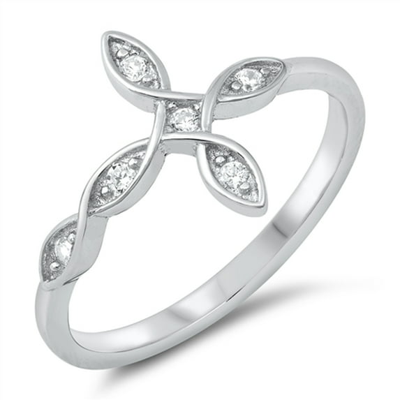Twisted Sideways Studded Cross .925 Sterling Silver Band White Cubic Zirconia Jewelry Female Size 9