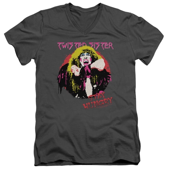 Twisted Sister Stay Hungry S/S Adult V-Neck 30/1 T-Shirt Charcoal